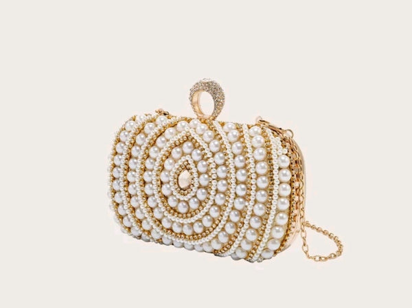 Allover faux pearl & rhinestone decor chain evening bag.