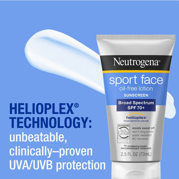 Neutrogena Sport Face Oil-Free Lotion Sunscreen with Broad Spectrum SPF 70+, Sweatproof & Waterproof Active Sunscreen, 2.5 fl. Oz