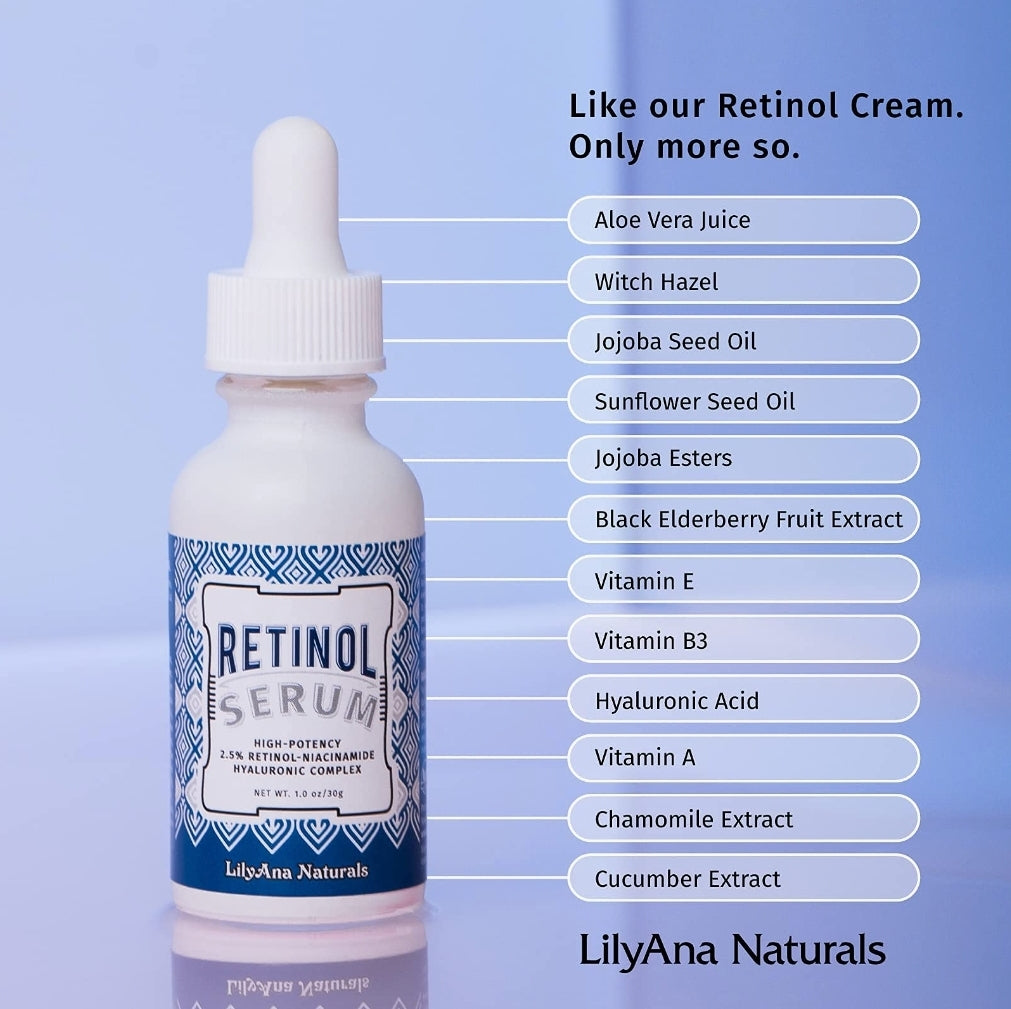 Retinol Serum by LilyAna Naturals - Retinol Serum for Face has pure retinol (2.5%) for effective treatment of dark spots and acne scars - 1oz (1-Pack)