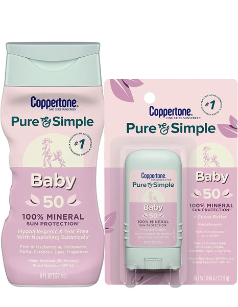 Coppertone Pure and Simple Baby Sunscreen Lotion + Stick Sunscreen SPF 50, Zinc Oxide Mineral Sunscreen for Babies, Water Resistant, Tear Free Sunscreen Pack (6 Fl Oz Bottle +0.49 oz Stick)