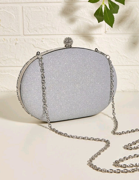 Silver Rhinestone & Beaded Decor Clutch.